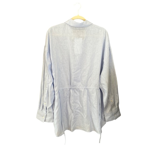 NWT ZARA Linen Tie Waist Button Blouse Blue Size L Oversized Fit - Picture 6 of 14
